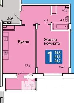1-к квартира, вторичка, 47м2, 12/16 этаж