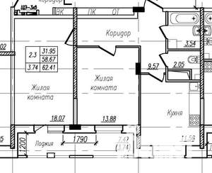 2-к квартира, вторичка, 62м2, 8/17 этаж