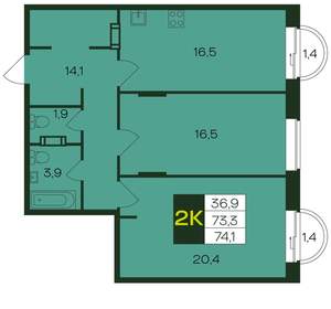 2-к квартира, вторичка, 74м2, 8/12 этаж