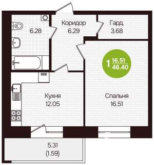 1-к квартира, вторичка, 46м2, 2/16 этаж
