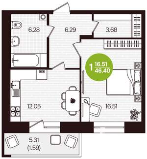 1-к квартира, вторичка, 46м2, 2/16 этаж