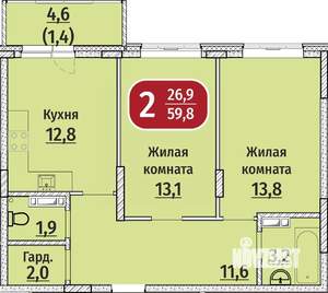 2-к квартира, вторичка, 60м2, 7/9 этаж