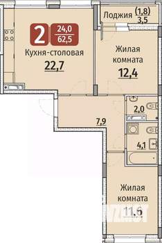 2-к квартира, строящийся дом, 64м2, 2/9 этаж
