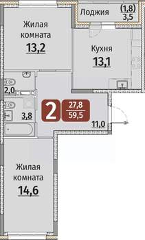 2-к квартира, вторичка, 61м2, 5/9 этаж