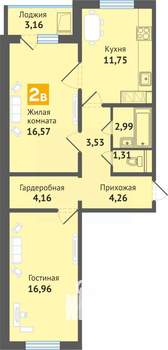 2-к квартира, строящийся дом, 64м2, 16/16 этаж