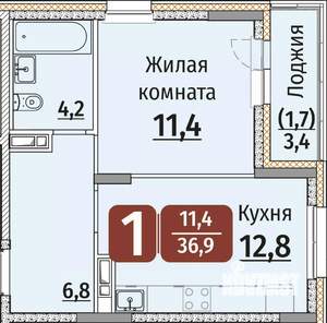 1-к квартира, строящийся дом, 39м2, 4/9 этаж