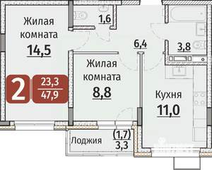 2-к квартира, строящийся дом, 50м2, 2/9 этаж