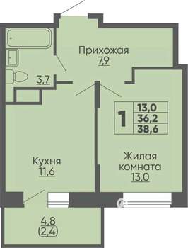 1-к квартира, строящийся дом, 39м2, 2/16 этаж