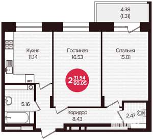 2-к квартира, вторичка, 60м2, 2/16 этаж