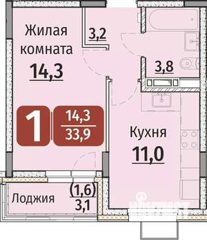 1-к квартира, строящийся дом, 35м2, 7/9 этаж