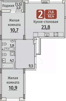 2-к квартира, строящийся дом, 64м2, 2/9 этаж