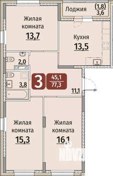 3-к квартира, строящийся дом, 79м2, 4/9 этаж