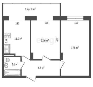 2-к квартира, вторичка, 51м2, 15/18 этаж