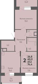 2-к квартира, вторичка, 74м2, 11/16 этаж