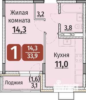1-к квартира, строящийся дом, 34м2, 2/9 этаж