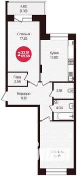 2-к квартира, вторичка, 70м2, 2/16 этаж