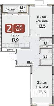 2-к квартира, строящийся дом, 64м2, 2/9 этаж