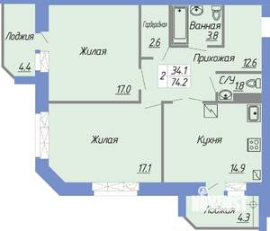 2-к квартира, вторичка, 74м2, 5/6 этаж