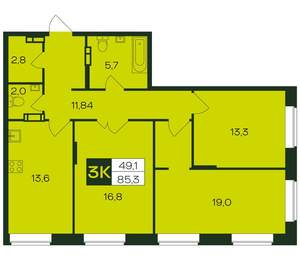 3-к квартира, вторичка, 89м2, 2/12 этаж