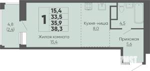 1-к квартира, строящийся дом, 38м2, 3/16 этаж