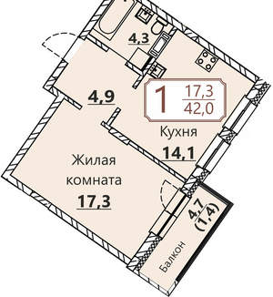 1-к квартира, вторичка, 42м2, 6/8 этаж