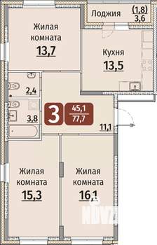 3-к квартира, строящийся дом, 80м2, 1/9 этаж