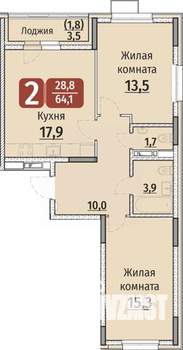 2-к квартира, строящийся дом, 64м2, 3/9 этаж