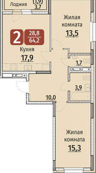 2-к квартира, строящийся дом, 66м2, 2/9 этаж