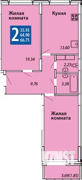 2-к квартира, вторичка, 67м2, 2/10 этаж