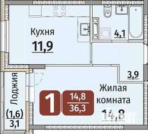 1-к квартира, строящийся дом, 38м2, 4/9 этаж