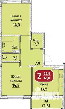 2-к квартира, вторичка, 62м2, 6/9 этаж