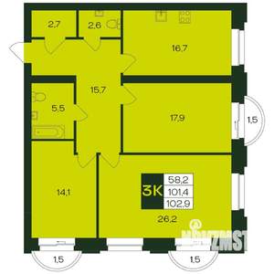 3-к квартира, вторичка, 103м2, 9/9 этаж