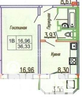 1-к квартира, вторичка, 36м2, 1/9 этаж