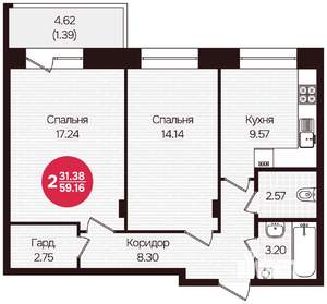 2-к квартира, вторичка, 59м2, 2/16 этаж