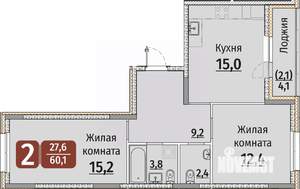 2-к квартира, строящийся дом, 62м2, 1/9 этаж