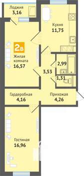 2-к квартира, строящийся дом, 64м2, 14/16 этаж