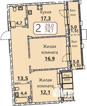 2-к квартира, вторичка, 74м2, 7/8 этаж