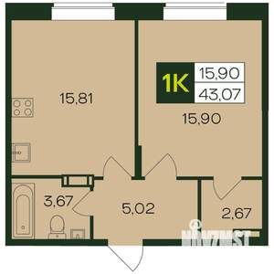 1-к квартира, вторичка, 43м2, 2/12 этаж