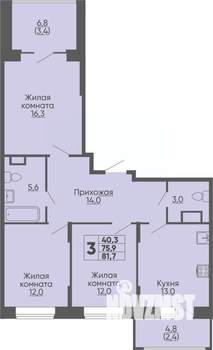 3-к квартира, строящийся дом, 82м2, 9/16 этаж