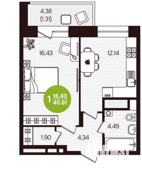 1-к квартира, вторичка, 41м2, 16/16 этаж