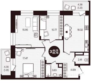 3-к квартира, вторичка, 86м2, 3/16 этаж