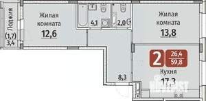 2-к квартира, строящийся дом, 62м2, 2/9 этаж