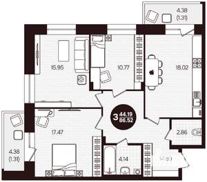 3-к квартира, вторичка, 87м2, 2/16 этаж