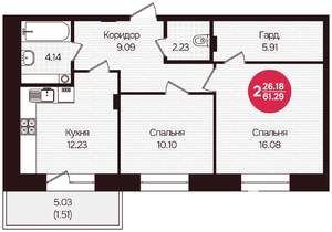 2-к квартира, вторичка, 61м2, 2/16 этаж