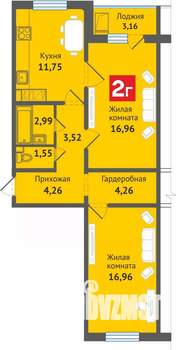 2-к квартира, строящийся дом, 65м2, 6/16 этаж