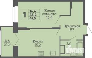 1-к квартира, строящийся дом, 48м2, 13/16 этаж