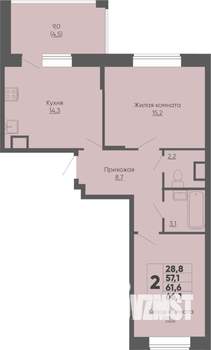 2-к квартира, строящийся дом, 66м2, 2/16 этаж