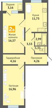 2-к квартира, строящийся дом, 64м2, 12/16 этаж