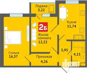 2-к квартира, строящийся дом, 56м2, 15/16 этаж