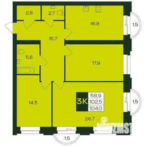 3-к квартира, вторичка, 104м2, 4/9 этаж